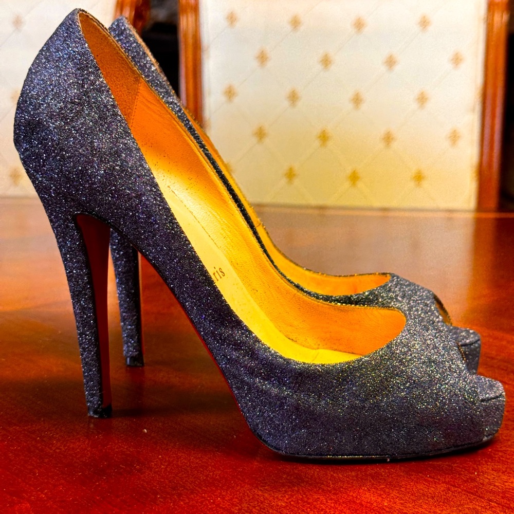 Beautiful Slate Grey Glitter Christian Louboutin Lady Peep Heels EU 38.5 EUC